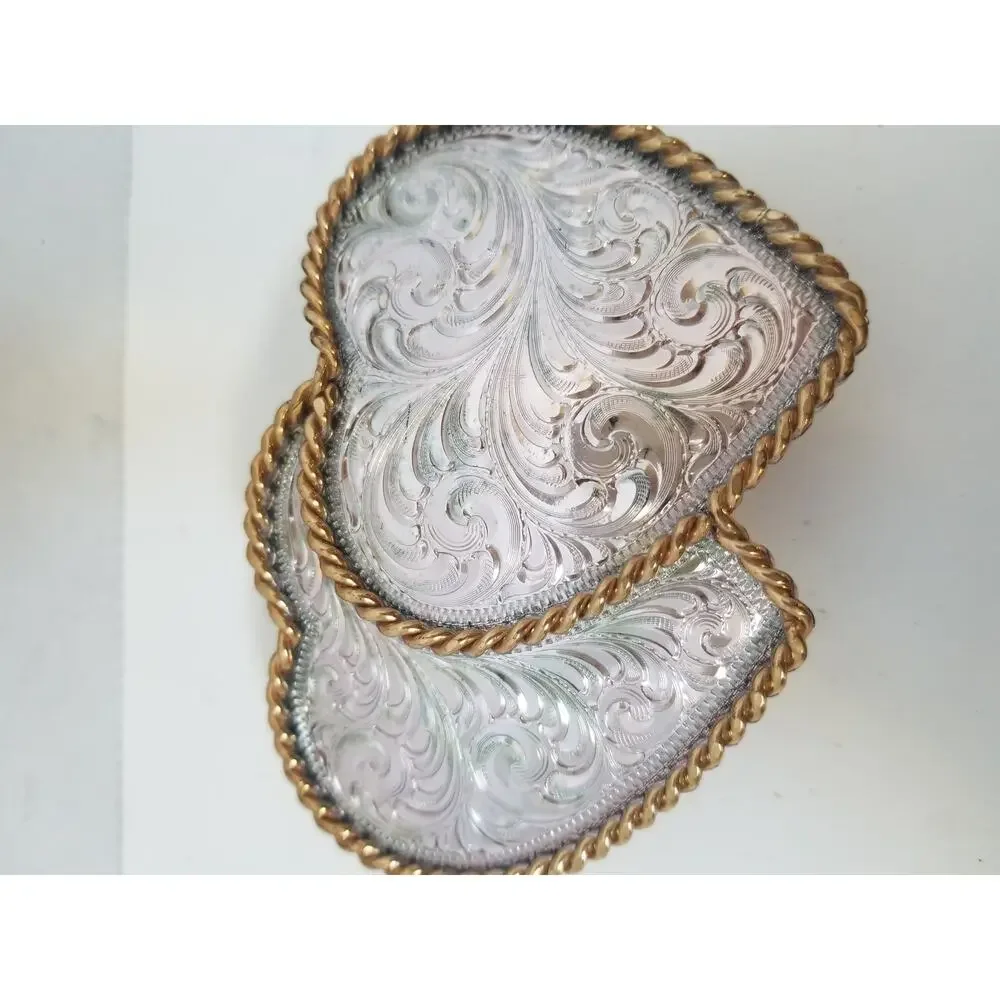 Montana Silversmiths Silver Gold Ornate Filigree Double Heart Buckle Vintage